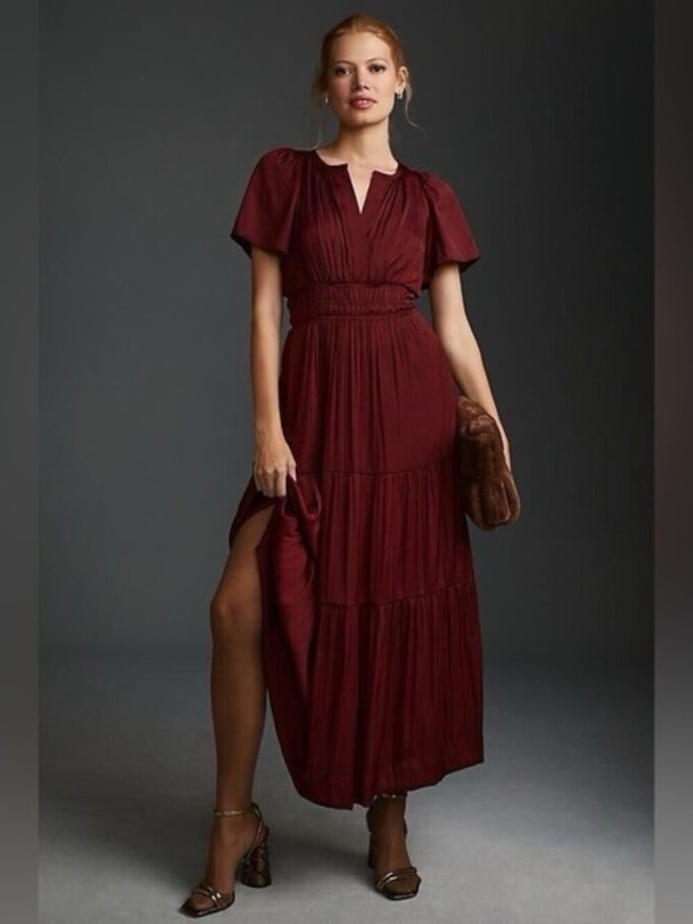 Anthropologie Burgundy The Somerset silky Tiered Maxi Dress Size SP 38452